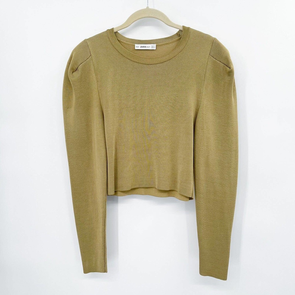 Zara Knit Cropped Sweater Gold Size M Long Puff Sleeve Pullover Crewneck Cotton‎